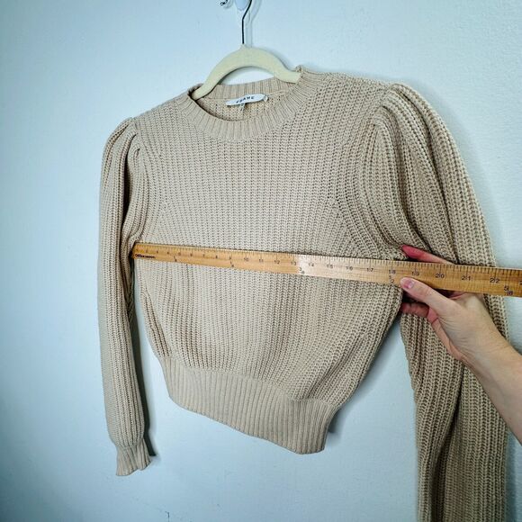 Frame Tan Ribbed Cable Knit Crew Neck Balloon Puff-Sleeve Banded Crop Sweater XS - Picture 11 of 12